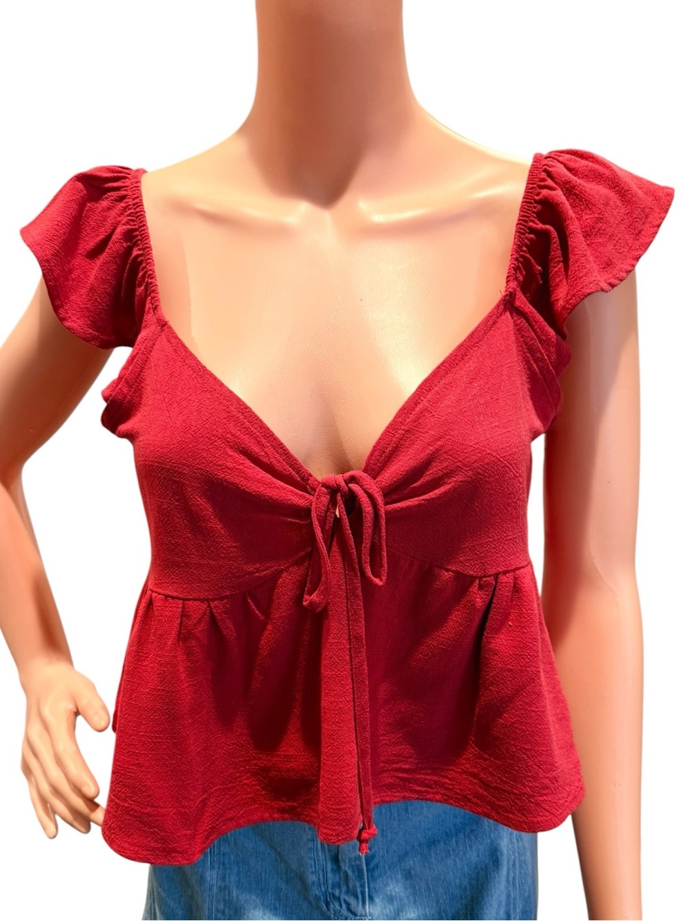 PacSun Red Linen Blend Tie-Front Top Flutter Sleeve Shirt Medium Smocked Back